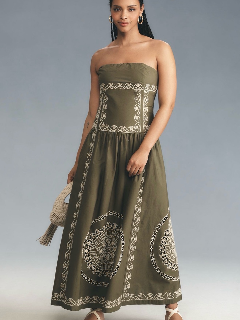 Anthropologie Strapless Drop-Waist Olive Embroidered Maxi Dress